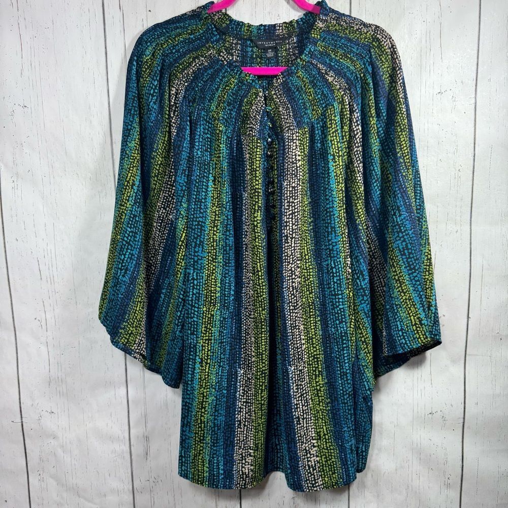 Investments 3/4 Sleeves Smoked Ruffle Top Blouse Y Neck Multicolor Striped Flowy